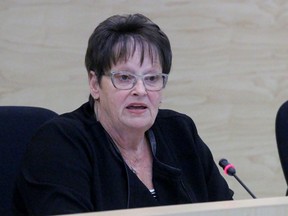 Jane Bryce, chairperson of the board of trustees for the Lambton Kent District School Board, speaks during a board meeting Tuesday in Sarnia. The public had one final chance to voice their opinion before trustees vote on a recommendation to amalgamate Sarnia Collegiate Institute and Technical School and St. Clair Secondary School. (Terry Bridge/Sarnia Observer)