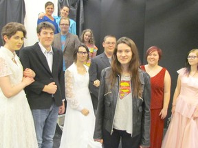 Students at St. Clair Secondary School rehearse a scene from this year's musical on Tuesday April 26, 2016 in Sarnia, Ont. Front, from left, Rebecca Marshall, Aaron Devereaux, Courtney Dumont, Bobby Gark, Brittany Holbrook, Camryn McKinlay and Madison Smith. Back from left, Kendra Eckel, Sarah MacDonald, Kevin Pattison and Charlotte Toyne.
(Paul Morden, The Observer)