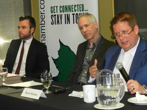 From left: Andrew Schiestel, president of tbk Creative, David Canton, lawyer and tech expert, and Brent Homan, director general of the Privacy Commission of Canada, were speaking at a business seminar on privacy and anti-spam legislation at the London Chamber of Commerce on Wednesday morning. (HANK DANISZEWSKI, The London Free Press)