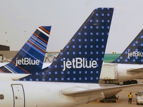 JetBlue Airways aircraft are pictured at departure gates at John F. Kennedy International Airport in New York in this June 15, 2013, file photo. REUTERS/Fred Prouser/Files