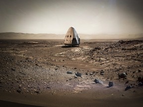 A SpaceX dragon capsule is shown on the surface of Mars in this artist's concept photo provided April 27, 2016.  SpaceX/Handout Photo via Reuters