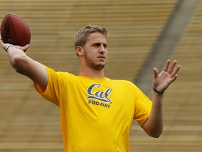California quarterback Jared Goff passes during California's NFL Pro Day in Berkeley, Calif., on March 18, 2016. Even in a year when the quarterbacks don't appear to be slam-dunk naturals to make it big in the NFL, that's where the focus will be when the NFL draft begins Thursday, April 28, in Chicago. (Ben Margot/AP Photo/)