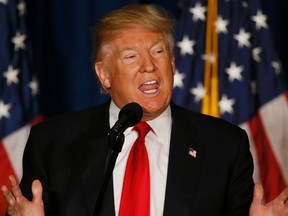 Republican U.S. presidential candidate Donald Trump delivers a foreign policy speech at the Mayflower Hotel in Washington, United States, April 27, 2016.  (REUTERS/Jim Bourg)