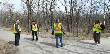Members of the Bear Clan Patrol work out their routes during a search for Cathy Curtis in the Assiniboine Forest on Wed., April 27, 2016. Curtis, 60, went missing in the St. James area on Monday. Kevin King/Winnipeg Sun/Postmedia Network