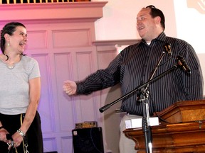 Patricia Wright and Steve Pratt share a laugh shortly after being introduced as the co-chairs for  2016 United Way of Chatham-Kent fundraising campaign, during the agency's annual general meeting held in Chatham, Ont. on Wednesday April 27, 2016. (Ellwood Shreve/Chatham Daily News/Postmedia Network)