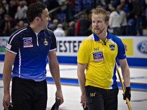 While david Murdoch, left, and Niklas Edin, shown here at the 2013 men's worlds in Victoria, have each won twice at worlds, neither had been to the Edmonton area before this week. (Reuters)