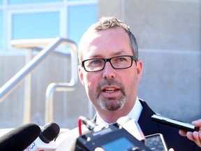 Michael Lacy, lawyer for Gerry Lougheed Jr., addresses the media outside the Sudbury Courthouse in Sudbury, Ont. on Wednesday April 27, 2016. John Lappa/Sudbury Star/Postmedia Network