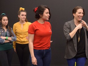 Actors Alicia D’Ariano (left) as Heather Duke, Jesslyn Hodgson as Heather McNamara, Elena Reyes as Heather Chandler, Laura Hounsell as Ms. Fleming and Laura Martineau as Veronica will star in the upcoming Musical Theatre Productions show Heathers: The Musical. (Photo courtesy Ross Davidson)
