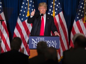 Republican presidential candidate Donald Trump gives a thumbs up after a foreign policy speech at the Mayflower Hotel in Washington, Wednesday, April 27, 2016. (AP Photo/Evan Vucci)