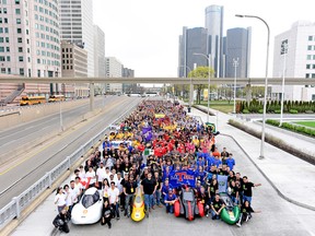 The student team and car portrait during day two of the Shell Eco-marathon Americas in Detroit, Friday, April 22, 2016. (Bryan Mitchell/AP Images for Shell)