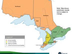 This slide presented during an IESO April 12 webinar shows that the Huron-Kinloss (along with Bruce and Grey counties) has been designated a  ‘Low Area Capability’ meaning the township has the technical capacity to host more wind turbines. This slide caused the municipality to reaffirm its stance as an unwilling host for the green energy during council April 18.