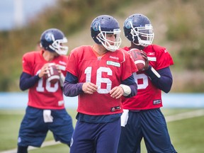 Logan Kilgore (16) gets in some practice throwing during last year's Argos training camp. (Ernest Doroszuk, Toronto Sun)