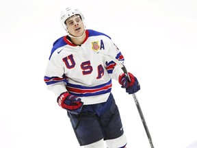 U.S. forward Auston Matthews celebrates after scoring a goal during a IIHF World Junior Ice Hockey Championship match against Canada in Helsinki, Finland on Dec. 26, 2015. (REUTERS/Roni Rekomaa/Lehtikuva)