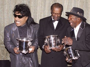 Fred Prouser/REUTERS
Rock and Roll pioneers (L-R) Little Richard, Chuck Berry and Bo Diddley share a laugh as they pose with the inaugural BMI Icon Award  they received for their unique influence on generations of music makers at the 50th annual BMI Pop Awards May 14, 2002 in Beverly Hills. BMI is an American performing rights organization representing  songwriters, composers and music publishers.