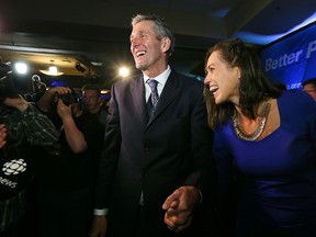 Premier-designate Brian Pallister and wife Esther greet supporters at Canad Inns Polo Park last week after winning a majority government. (Kevin King/Winnipeg Sun file photo)