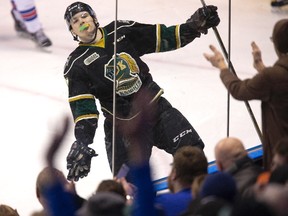 London Knights forward Matthew Tkachuk celebrates his third-period goal against the Kitchener Rangers during an OHL game in London, Ont. on March 6, 2016. (Derek Ruttan/The London Free Press/Postmedia Network)