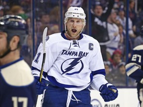 Tampa Bay Lightning centre Steven Stamkos reacts to the shorthanded goal scored by left winger Ondrej Palat in the third period at Nationwide Arena in Columbus on March 13, 2016. (Aaron Doster/USA TODAY Sports)