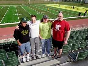 University of Alberta Golden Bears football team recruits (left to right) Justice Momoka, Brendan Guy, Tyrell Hering and Blake Adams took part in the first day of camp at Foote Field on Thursday. (LARRY WONG)