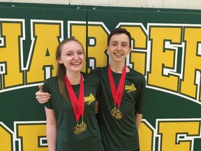 Randy Pascal/For The Sudbury Star  Stephanie Smuland (left) and Cameron Duff won gold at the NOSSA badminton championships and are excited to get to the OFSAA championships.