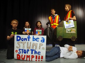 Grade six and seven students at Royal Roads Public School in Ingersoll presented an assembly on Friday designed to educate other students about the proposed landfill and the organization Oxford People Against the Landfill. From left Tyler Bergman, Danielle Romanuick, Brooke Taylor, Ewan Warnock, Brayden Wilson and Darren Gerrow. HEATHER RIVERS/WOODSTOCK SENTINEL-REVIEW