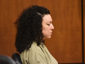 Dynel Lane, convicted in February of attempting to kill a fetus, appears during sentencing at the Boulder County Justice Center in Boulder, Colo., Friday, April 29, 2016. A judge on Friday sentenced the Colorado woman to 100 years in prison for cutting the nearly 8-month-old fetus from a stranger's womb. (Matthew Jonas/The Daily Times Call via AP)
