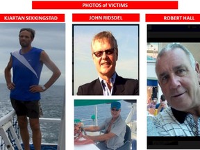 Undated file photos of abducted foreigners Kjartan Sekkingstad (L), a Norwegian national, John Ridsdel (centre photos) of Canada and his compatriot Robert Hall are seen in this handout photo released to Reuters by the Armed Forces of the Philippines in Manila September 22, 2015. (REUTERS/Armed Forces of the Philippines/Handout via Reuters)