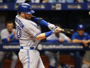 Blue Jays third baseman Josh Donaldson hits a home run during the sixth inning against the Rays at Tropicana Field in St. Petersburg, Fla., on Friday, April 29, 2016. (Kim Klement/USA TODAY Sports)