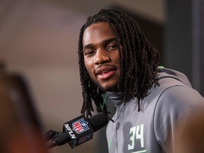 Notre Dame linebacker Jaylon Smith speaks to the media during the 2016 NFL Scouting Combine at Lucas Oil Stadium in Indianapolis on Feb. 26, 2016. Smith was drafted by the Dallas Cowboys in the second round of the NFL draft on Friday. (Trevor Ruszkowski/USA TODAY Sports)