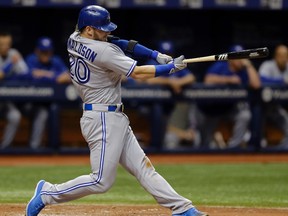 Josh Donaldson of the Toronto Blue Jays connects for his eighth home run of the season on April 29, 2016, against the Tampa Bay Rays. (CHRIS O'MEARA/AP)