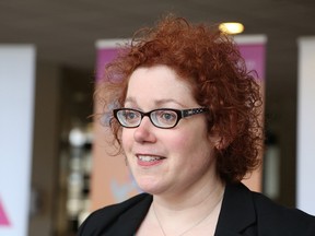 Greater Sudbury Poet Laureate Kim Fahner reads a poem at the launch of Reading Town Sudbury 2016 at Tom Davies Square in Sudbury, Ont. on Friday April 29, 2016. John Lappa/Sudbury Star/Postmedia Network