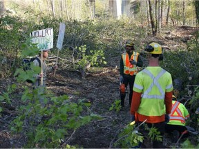 Protester Eric Gormley confronts workers clearing trees Saturday at the Cloverdale Footbridge.