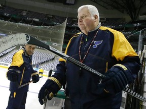 St. Louis Blues head coach Ken Hitchcock takes the ice for practice in preparation of Game 2 of the NHL's Western Conference semifinals in Dallas on April 30, 2016. (AP Photo/LM Otero)