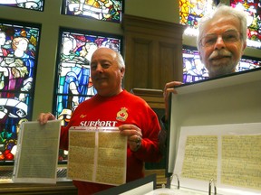 Bryan Bennett and Ron Passmore with Danforth tech society who have preserved over 2,000 letters sent to Danforth Tech during WWII at Danforth Collegiate and Technical Institute in Toronto on Friday April 15, 2016. Dave Abel/Toronto Sun/Postmedia Network