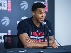 Toronto Raptors guard Kyle Lowry addresses the media during a practice ahead of Game 7 against the Indiana Pacers at BioSteel Centre in Toronto on April 30, 2016. (Ernest Doroszuk/Toronto Sun/Postmedia Network)