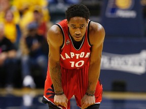 Toronto Raptors guard DeMar DeRozan looks on from the court against the Indiana Pacers during the second half in Game 6 of the first round of the NBA Playoffs at Bankers Life Fieldhouse on April 29, 2016. (Brian Spurlock/USA TODAY Sports)