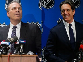 Winnipeg Jets GM Kevin Cheveldayoff and Toronto Maple Leafs president Brendan Shanahan chat with the media following the NHL draft lottery in Toronto on April 30, 2016. (Postmedia)