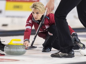 SHERWOOD PARK AB. APRIL 30, 2016 -Swiss Skip Silvana Tirinzoni at the Grand Slam of Curling's Champions Cup women's quarterfinals at the Sherwood Park Arena in Sherwood Park.