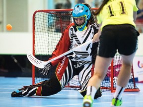 Local goalie Lily Messier participates in a Team Canada workout on the weekend at Yardmen Arena in preparation for the 2016 IFF U19 women's floorball world championships at the Sports Centre.