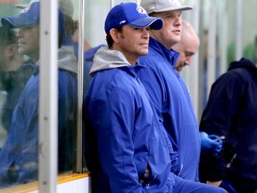 Sudbury Wolves coaches Dave Matsos, left, and Drake Berehowsky watch a scrimmage at their team's prospect orientation camp on April 24. Gino Donato/The Sudbury Star/Postmedia Network