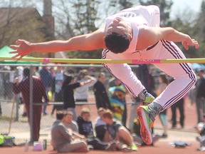 Quinte's Chris Primo competes in senior boys high jump at the annual Michelle Foley Bay of Quinte Invitational track and field meet Friday at MAS Park and the Bruce Faulds track. Primo cleared 1.75m to tie for fourth.(Peter Lyng for The Intelligencer)