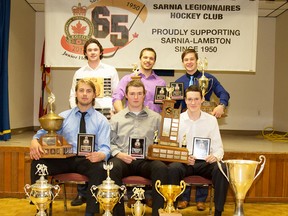 The Sarnia Legionnaires held their annual awards banquet Saturday. Winners included, seated from left: P.J. Vandervaart, who won the People's Choice Award; and Eric Marsh and Brock Perry, co-winners of the Rookie-of-the-Year trophy. Back row, from the left: Captain Hunter Tyczynski, who was named the Most Dedicated Player; Jarret Marks, who shared the Most Improved Player Award with Joey Zappa (missing from the photo); and Alec DeKoning, the Most Valuable Player of the Playoffs. (Anne Tigwell photo)