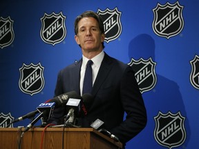 Brendan Shanahan of the Toronto Maple Leafs speaks to the media about getting the 1st spot in the 2016 NHL Draft Lottery in Toronto on Sunday May 1, 2016. (Jack Boland/Toronto Sun/Postmedia Network)