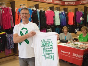 Rob McCullough received a liver transplant 13 years ago. He is the race director of the 5k Transplant Trot in memory of Leslie Petter which takes place on Saturday, April 30. With him are race volunteers Heather Fisher who received a liver transplant 33 years ago (left) and Rosie McHugh. (DEREK RUTTAN, The London Free Press)