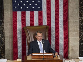 Outgoing Speaker John Boehner, Republican of Ohio, sits in the Speaker's chair for the final time as Speaker in the House Chamber at the US Capitol in Washington, DC, October 29, 2015. AFP PHOTO / SAUL LOEB