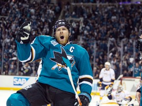 San Jose Sharks center Joe Pavelski (8) celebrates after scoring the second goal against the Nashville Predators in the third period in game two of the second round of the 2016 Stanley Cup Playoffs at SAP Center at San Jose.  The San Jose Sharks defeat the Nashville Predators 3 to 2.  Mandatory Credit: Neville E. Guard-USA TODAY Sports