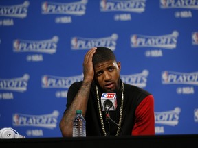 Paul George of the Indiana Pacers speaks to the media after his tean's Game 7 loss to the Toronto Raptors on May 1, 2016 in Toronto. (JACK BOLAND/Toronto Sun)