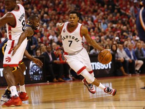 Toronto Raptors Kyle Lowry looks for a spot in the second quarter of Game 7 in Toronto, Ont. on Monday May 2, 2016. (Jack Boland/Toronto Sun/Postmedia Network)