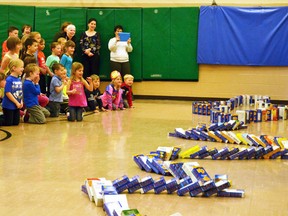 To get students at St. Patrick’s School in Dublin excited to participate in the Huron-Perth Catholic District School Board's (HPCDSB)'s annual Stuff That Bus campaign last Wednesday, April 27, staff set up boxes of macaroni like dominoes and had the school's mascot, Patrick the Dog, set off the chain to squeals of delight from the students. GALEN SIMMONS MITCHELL ADVOCATE