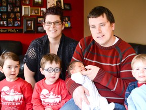 Katie and Matt Simons and children, from left, twins Luke and Will, baby Owen, and Nicholas are thankful that they have been able to stay at Ronald McDonald House during Will's surgeries at Toronto Sick Children's Hospital over the last four years. SUBMITTED