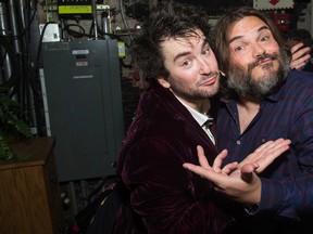 Actor Jack Black, right, meets backstage with Alex Brightman, the leading actor in Broadway's "School of Rock", after watching a performance at the Winter Garden Theatre on Sunday, May, 1, 2016, in New York. (Photo by Charles Sykes/Invision/AP)